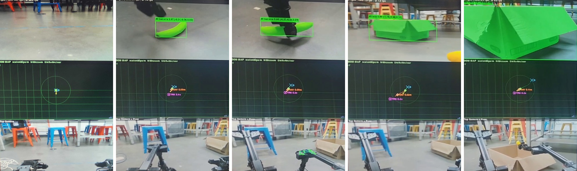 Sequence of real robot actions showing CV detection, tracking, navigation, and scooping
